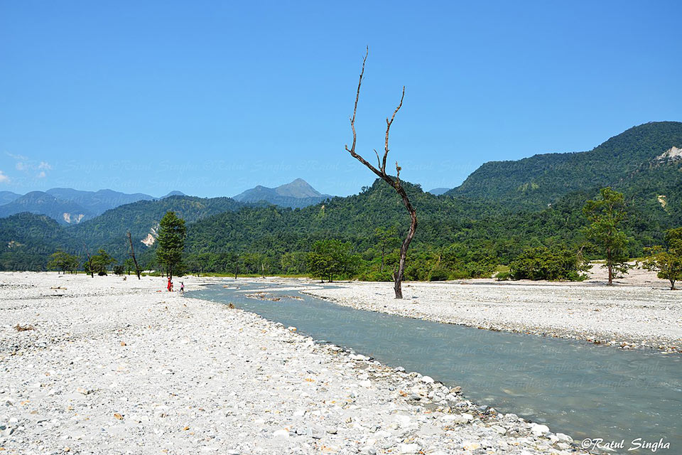 dima river seen flowing through the rocky plains of buxa tiger reserve forest