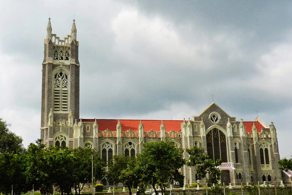 a wide angle view of medak cathedral