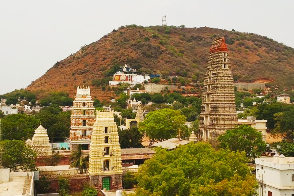 a birdeye's view of narasimha swamy temple complex with the mangalgiri hill in the background
