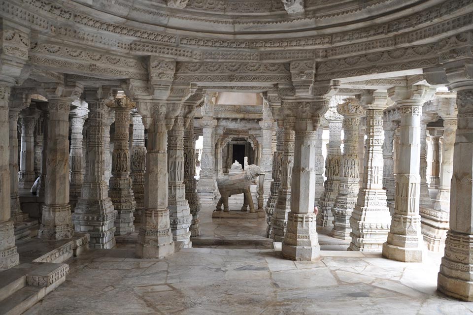 interiors of ranakpur jain temple made with fine carving on marble